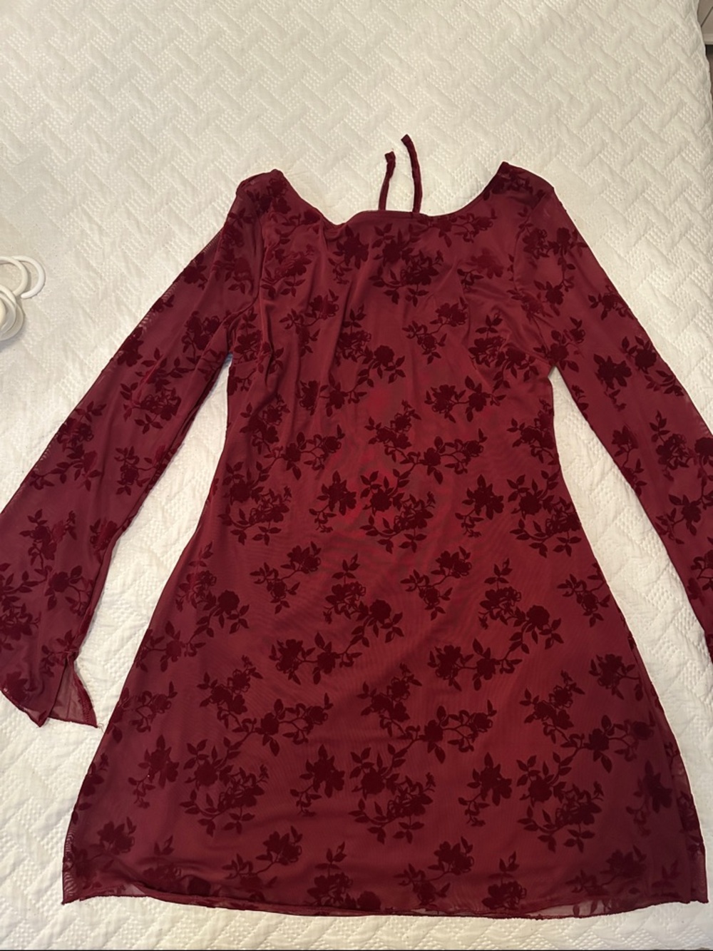 Womens Burgundy Mesh and Velvet Floral Long Sleeve Dress